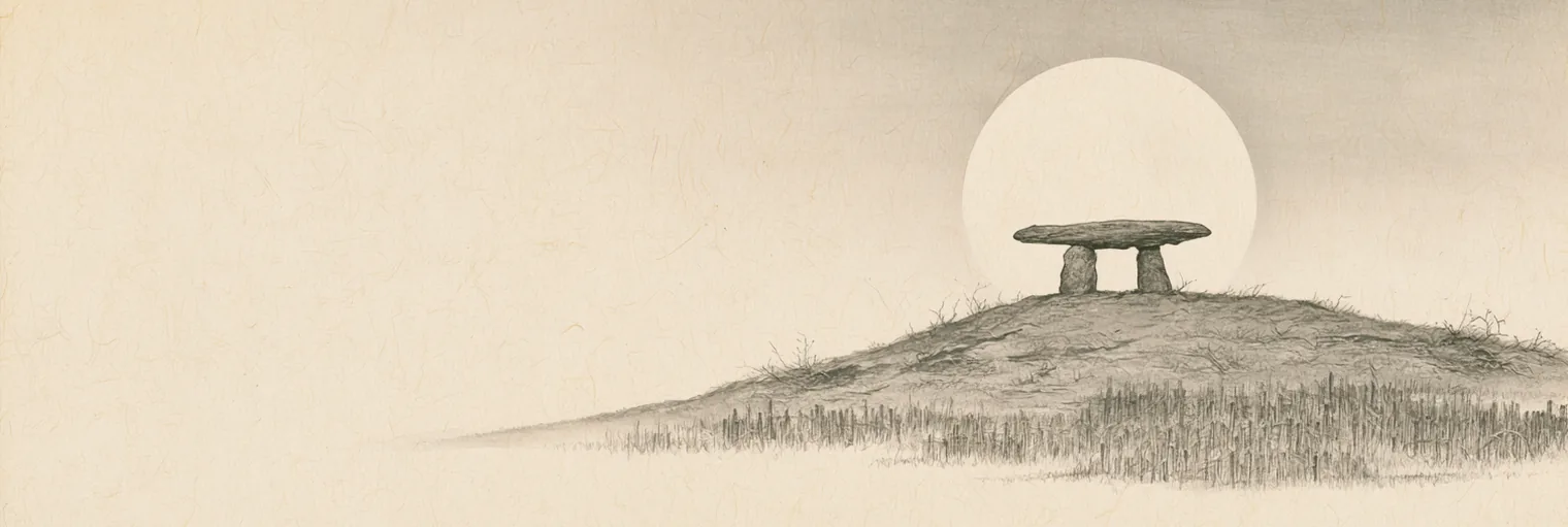 Korean ink-wash painting on aged hanji paper of a low ancient stone altar — two upright stones capped by a single flat slab — standing on a low grassy mound above a field of cut stubble on the right, with a large pale full moon rising directly behind the altar, and the left two thirds of the paper left empty